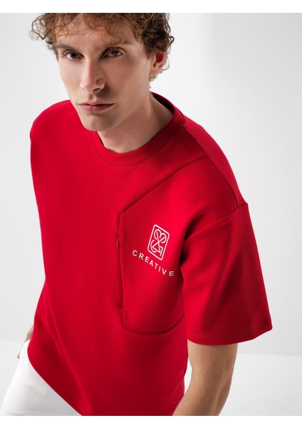 Erkek Kırmızı Pamuk Dokulu Oversize Tişört fiyatları
