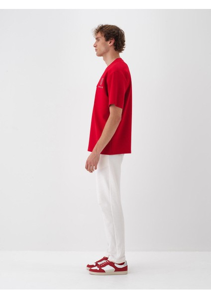 Erkek Kırmızı Pamuk Dokulu Oversize Tişört modelleri