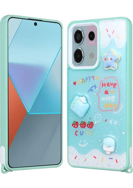 - Xiaomi Redmi Note 13 Pro 5G - Kılıf Parlayan Simli Kabartma Figürlü Cevze Kapak - Yeşil - T31572