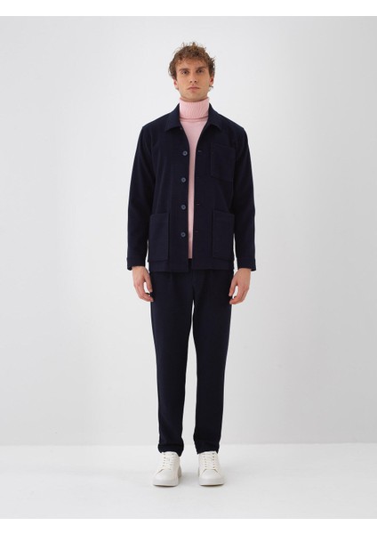 Erkek Lacivert Esnek Dokulu Regular Fit Ceket
