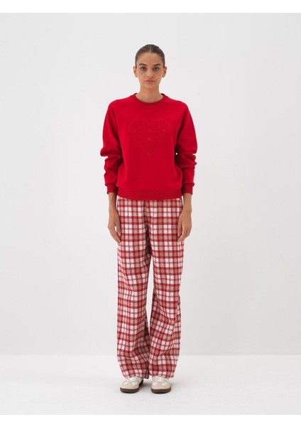 Kadın Kırmızı Pamuk Dokulu Regular Fit Sweatshirt