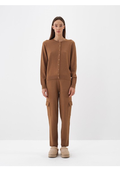 Kadın Camel Doğal Yün Dokulu Regular Fit Hırka