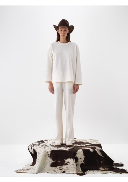 Kadın Ekru Pamuk Dokulu Oversize Sweat Pantolon