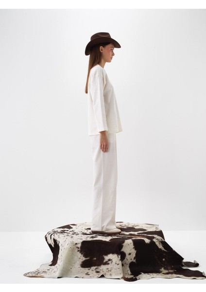 Kadın Ekru Pamuk Dokulu Oversize Sweat Pantolon modelleri