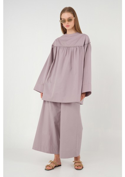 Poplin Bol Paça Pantolon Açık Leylak