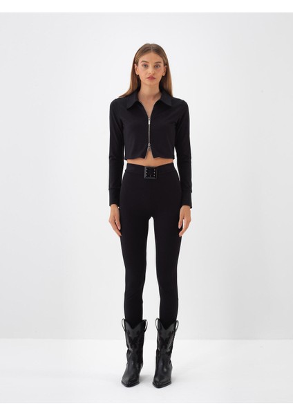 Kadın Siyah Esnek Dokulu Slim Fit Sweatmont