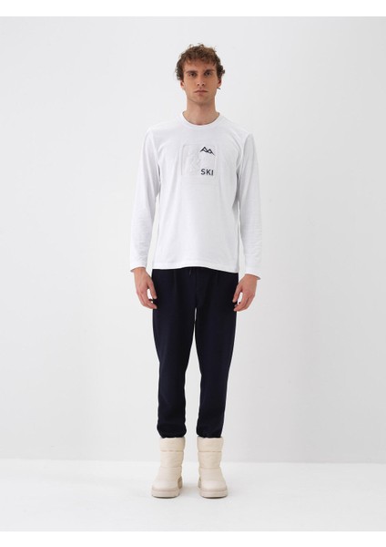 Erkek Beyaz Pamuk Dokulu Regular Fit Uzun Kollu Tişört