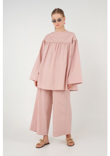 Büzgülü Poplin Tunik Soft Pembe