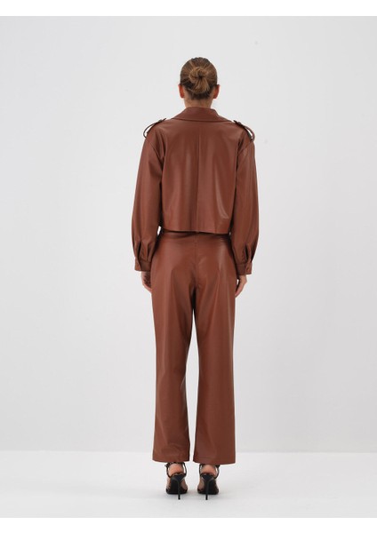 Kadın Camel Deri Görünümlü Oversize Ceket fırsatları