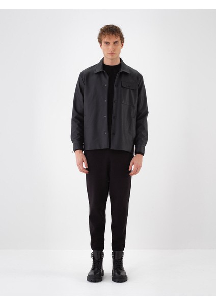 Erkek Siyah Deri Görünümlü Regular Fit Ceket