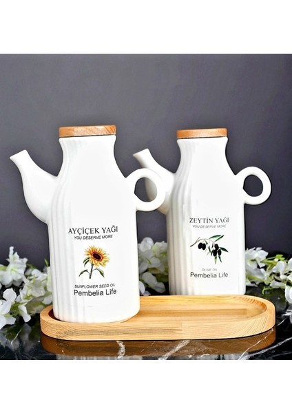 2'li Ahşap Standlı Porselen Yağlık ve Sirkelik Seti, 3 Parça, Beyaz, 1L modelleri