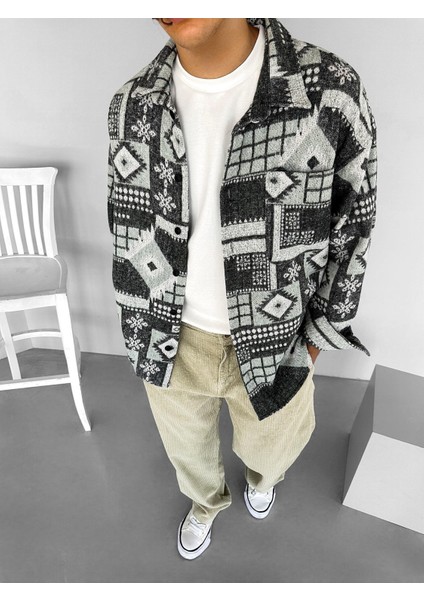 Erkek Oversize Desenli Yumuşak Dokulu Gömlek Yeşil