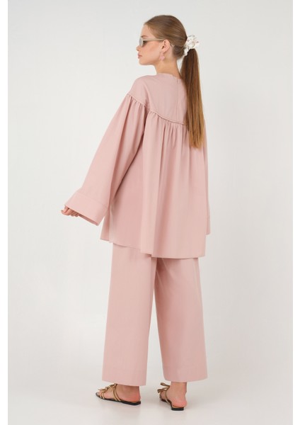 Poplin Bol Paça Pantolon Soft Pembe