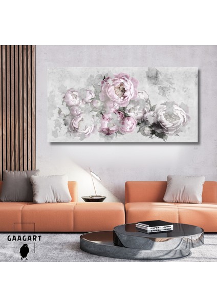 Panoramik Kanvas Duvar Tablosu Pembe Gri Çiçekler Dizaynı