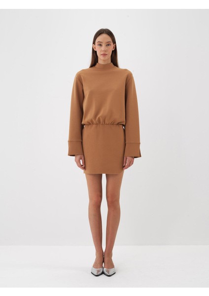 Kadın Camel Pamuk Dokulu Oversize Elbise