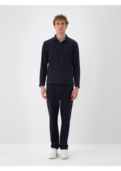 Erkek Lacivert Pamuk Dokulu Regular Fit Uzun Kollu Tişört