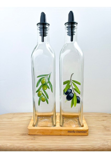 İkili Ahşap Altlıklı Kare Cam Yağdanlık, Siyah, 750 ml, şık ve kullanışlı tasarım fiyatları