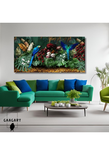 Panoramik Kanvas Duvar Tablosu Mavi Papağan ve Doğa Manzarası