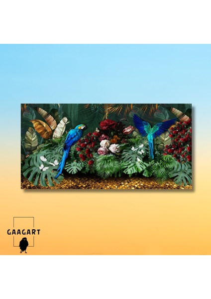 Panoramik Kanvas Duvar Tablosu Mavi Papağan ve Doğa Manzarası modelleri