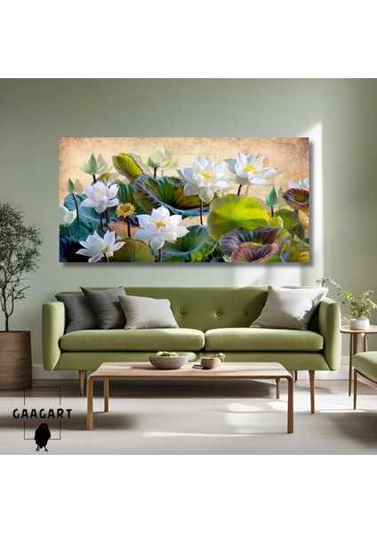 Panoramik Kanvas Duvar Tablosu Yeşil Geniş Yapraklı Çiçekler