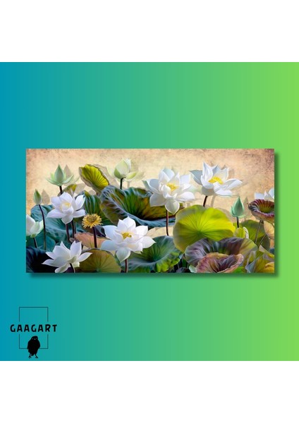 Panoramik Kanvas Duvar Tablosu Yeşil Geniş Yapraklı Çiçekler modelleri