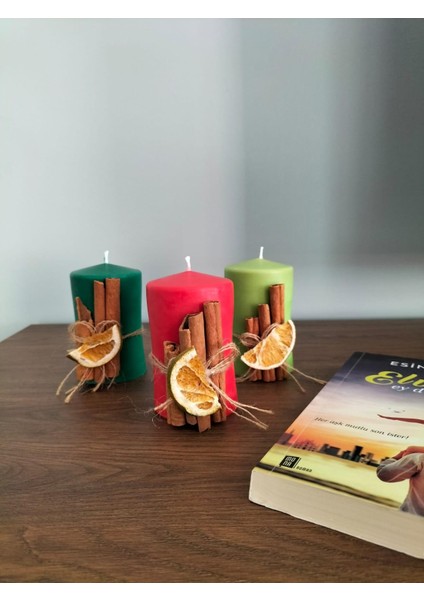 El Yapımı Tarçın Kokulu Dekoratif Silindir Soya Wax Kurutulmuş Portakal ve Tarçın Süslemeli Mum