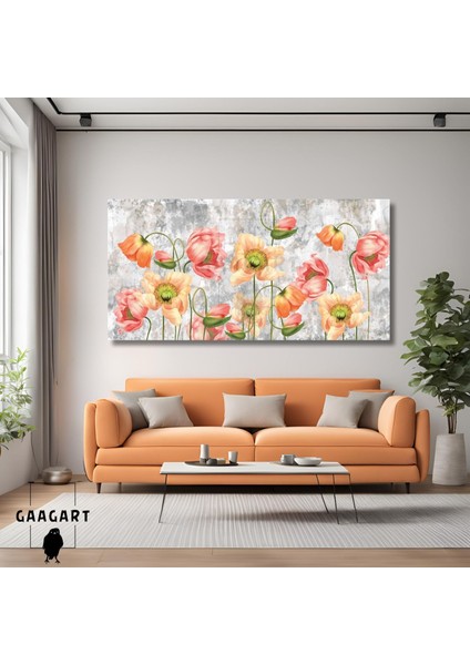Panoramik Kanvas Duvar Tablosu Sarı Pembe Turuncu Çiçekler