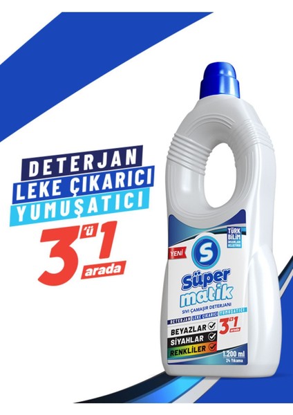 3'ü 1 Arada %100 Yerli Sıvı Çamaşır Deterjanı 3 Adet 1200 ml