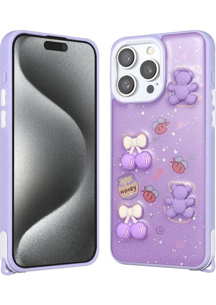- iPhone 15 Pro Max - Kılıf Parlayan Sıvılı Simli Kabartma Figürlü Cevze Kapak