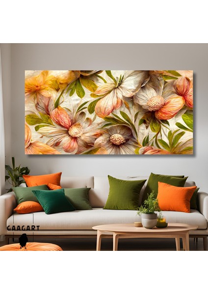 Panoramik Kanvas Duvar Tablosu Yeşil Turuncu Canlı Çiçekler
