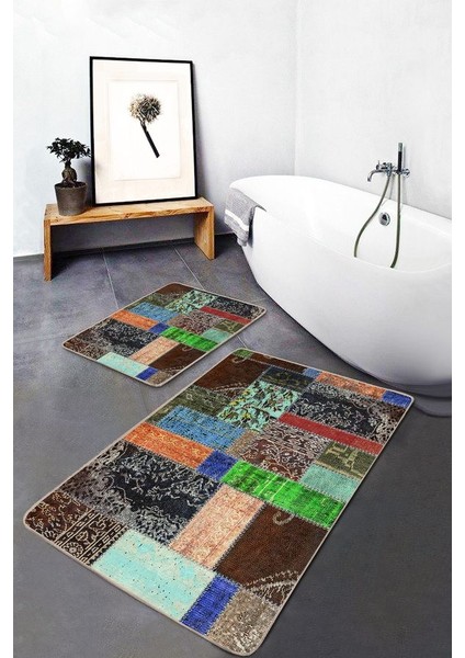 Renkli Doğal Pamuklu 2'li Banyo&mutfak Paspas Seti 60 x 100 50 x 60 cm