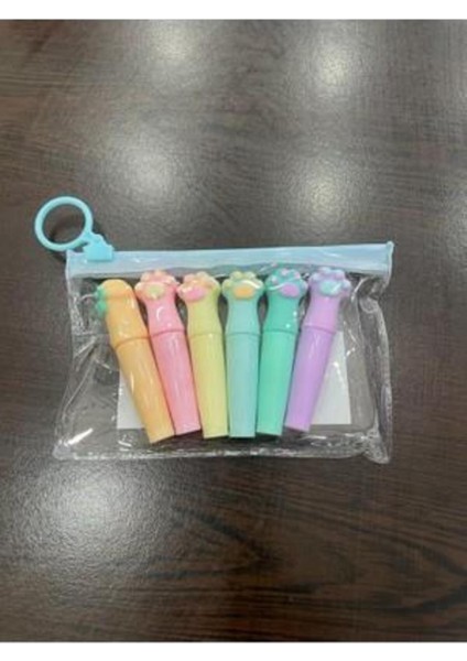 6 Lı Pati Şekilli Pastel Renk Çantalı Mini Fosforlu Kalem