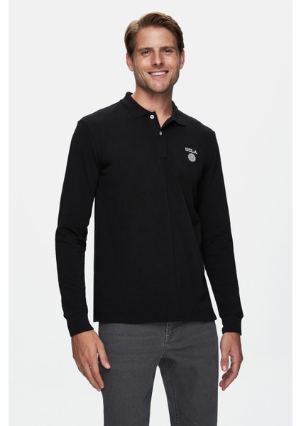 Maxwell Siyah Polo Yaka Baskılı Standard Fit Erkek Sweatshirt