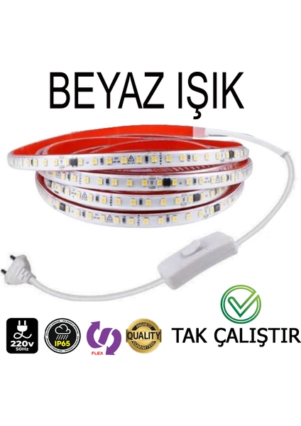 Elektroled Market 220V Şerit LED  Tak Çalıştır Anahtarlı Beyaz Işık (Yüksek Lümen)