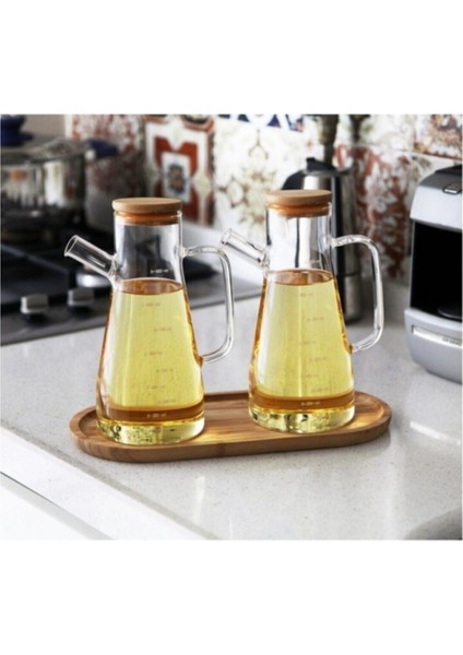 Bambu Kapaklı Vakumlu 3'lü Cam Yağlık Sütlük Sosluk Seti, Sarı, 900 ml