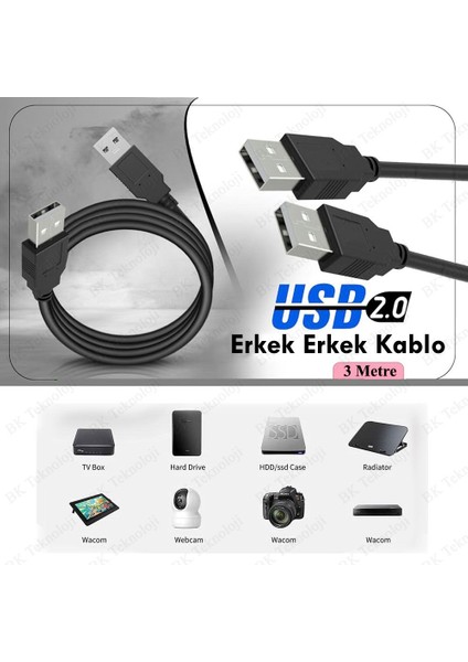 USB 2.0 Erkek-Erkek Data Şarj Kablosu - 3 Metre