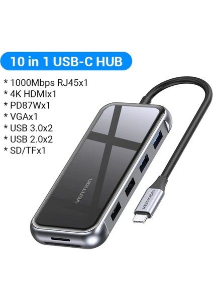 10'un 1'i Type-C Hub Çoklayıcı CE/FC/ROHS Lisanslı 4K Hdm/Usb C Pd/Tf Kart/Sd Kart/Usb A/Usb C/100W/RJ45/Wga Çoklayıcı Dönüştürücü