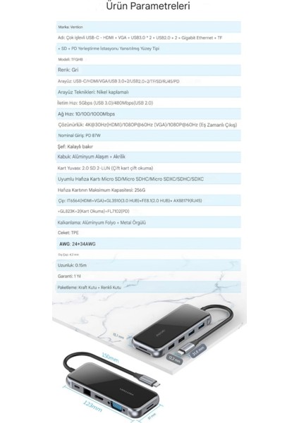 10'un 1'i Type-C Hub Çoklayıcı CE/FC/ROHS Lisanslı 4K Hdm/Usb C Pd/Tf Kart/Sd Kart/Usb A/Usb C/100W/RJ45/Wga Çoklayıcı Dönüştürücü