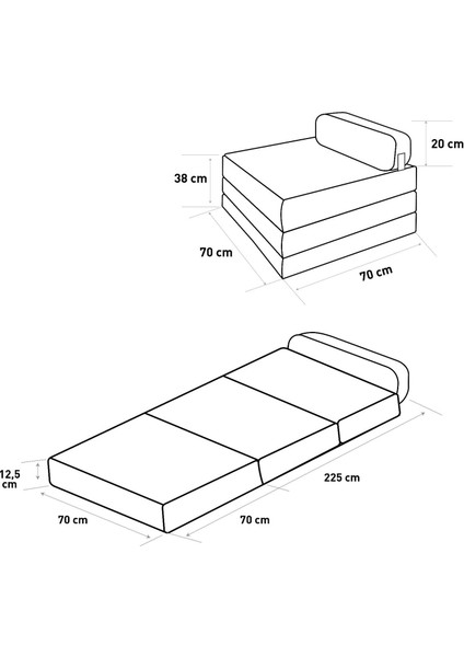 Mevsim Home Oturum Yüksekliği 38 cm 70X225 Koyu Gri Tek Kişilik Katlanır Yataklı Koltuk