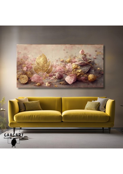 Panoramik Kanvas Duvar Tablosu Sarı Yapraklar ve Pembe Çiçek