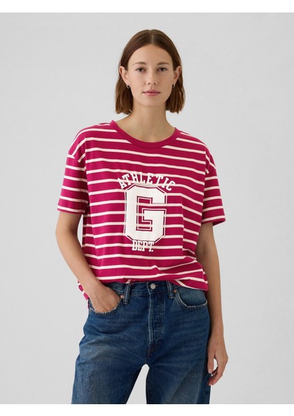 Kadın Kırmızı Organik Pamuk Gap Logo Oversized Boyfriend T-Shirt