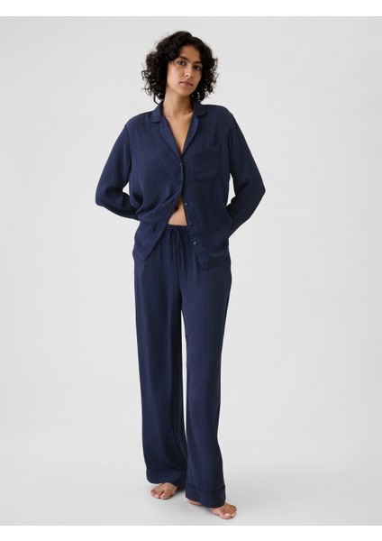 Kadın Lacivert Saten Pijama Altı