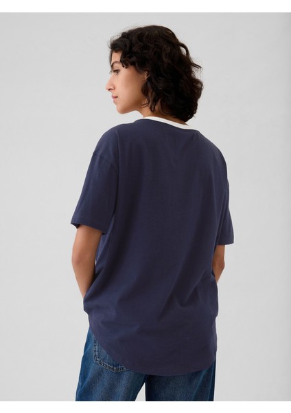 Kadın Lacivert Organik Pamuk Gap Logo Oversized Boyfriend T-Shirt