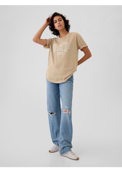 Kadın Bej Organik Pamuk Gap Logo Oversized Boyfriend T-Shirt