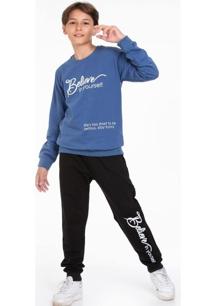 Believe In Yourself Baskılı Sweatshirt ve Eşofman Takımı Mavi 5-14