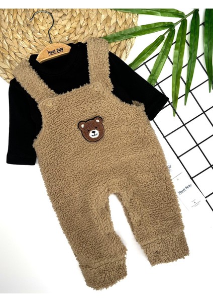 Erkek Bebek Ayı Nakışlı Peluş Bahçıvan Tulum Takımı Bej
