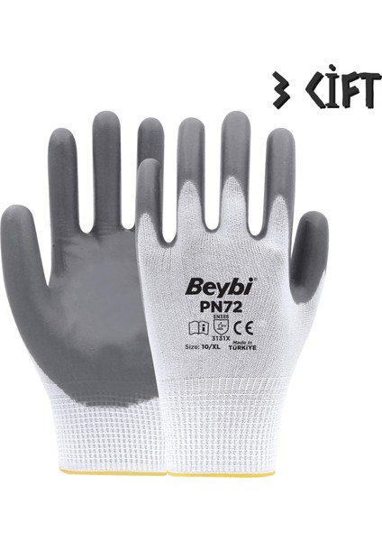 Polyester - Nitril İş Eldiveni PN72 - No:10 - Gri - 3 Çift