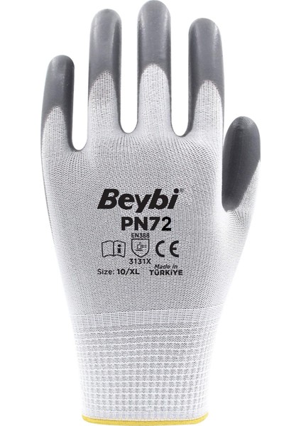 Polyester - Nitril İş Eldiveni PN72 - No:10 - Gri - 3 Çift