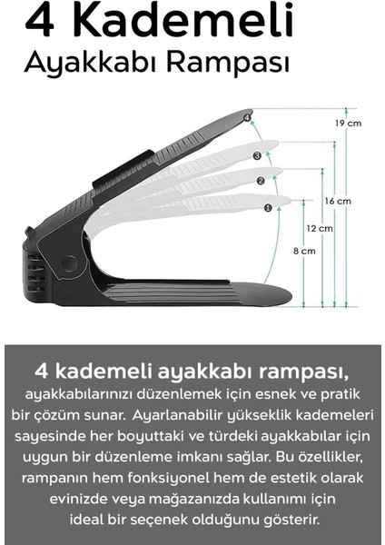 Ayarlanabilir 20'li ayakkabı rampası, dolap içi düzenleyici, plastik, siyah