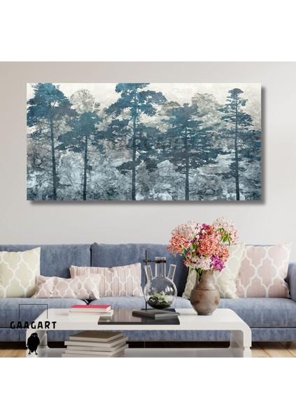 Panoramik Kanvas Duvar Tablosu Mavi Soyut Orman Manzarası